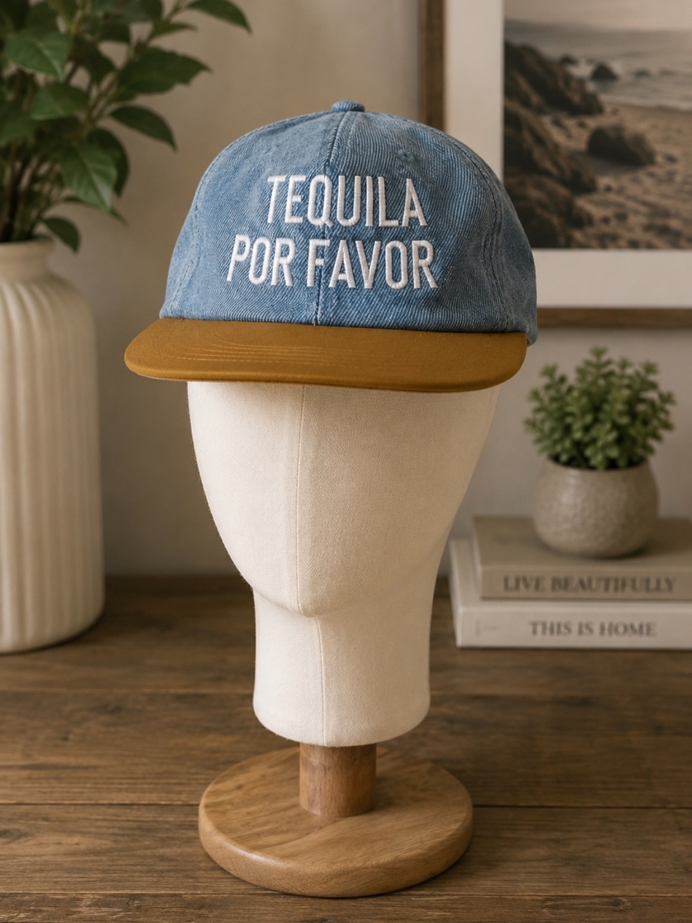 Blue Denim 'Tequila Por Favor' Cap with Leather Brim